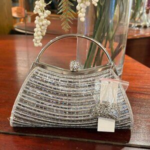 Elegant Silver Beaded Evening Clutch